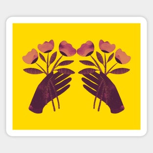 Brown hand with brown orange and pink flowers on yellow Sticker